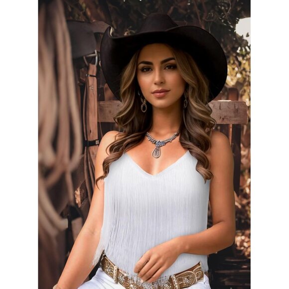 Women's White Fringe Tank Top Western Festival Clothing Cowgirl V Neck Outfits - Picture 6 of 6